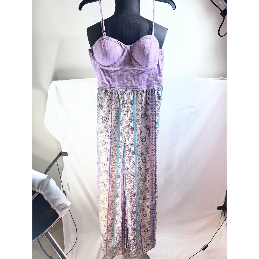 B.O.G Collective Womens Purple Floral Bustier Wide Leg Jumpsuit Size M Boho